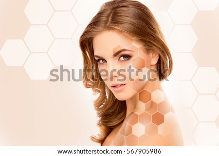 Young pretty woman face with different tones of skin.