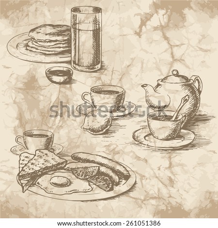 Freehand drawing of the breakfast on the old paper. Sausages, eggs, sunny side up, toast, crumpets, lemon, tea, juice and coffee with kettle. Vintage style of food design.