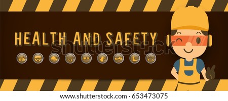 Construction worker repairman  pointer banner, safety first, health and safety vector illustrator