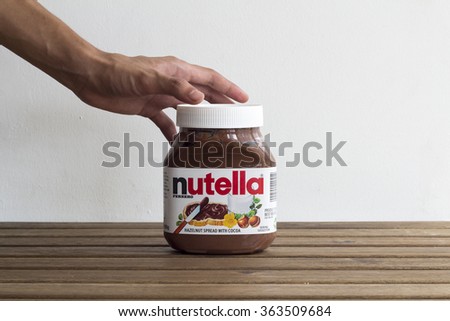 KUALA LUMPUR, MALAYSIA - 16/01/2016. Nutella,is the brand name of an Italian sweetened hazelnut chocolate spread.Manufactured by the Italian company Ferrero,it was introduced to the market in 1964.