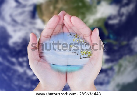 sea on  human hands and planet background  in concept  Healthy oceans  healthy planet: Elements of this image furnished by NASA