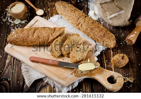 Bread with sesame seeds. Pastry,flour and sesame seeds.