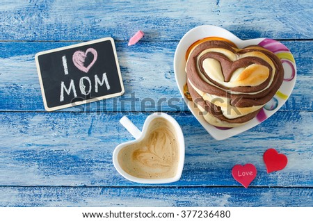 Breakfast with coffee and bun Heart. Letter I love mom. Mother\'s day