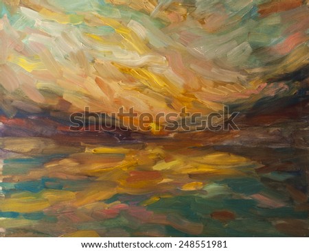 Original oil painting on canvas. Beautiful sunset above the sea
