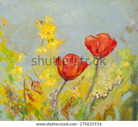 Painting picture of blooming spring poppy field oil painted on canvas