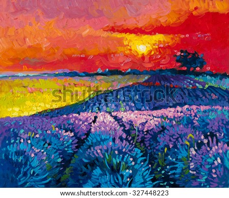 Original oil painting on canvas.Modern art.Beautiful lavender field at sunset