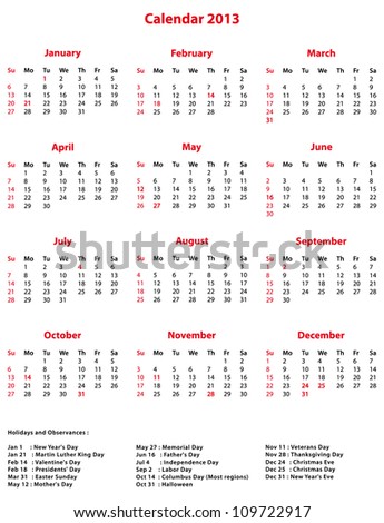 Calendar Of Holidays