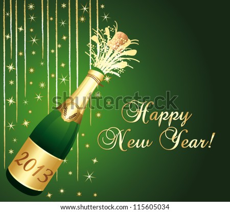 2013 Champagne bottle popping. Beautiful green and gold greeting card. Happy new year ! Vector illustration.