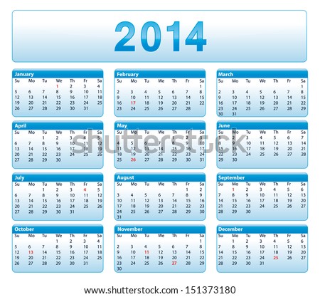 Blue 2014 calendar. American version with public holidays.