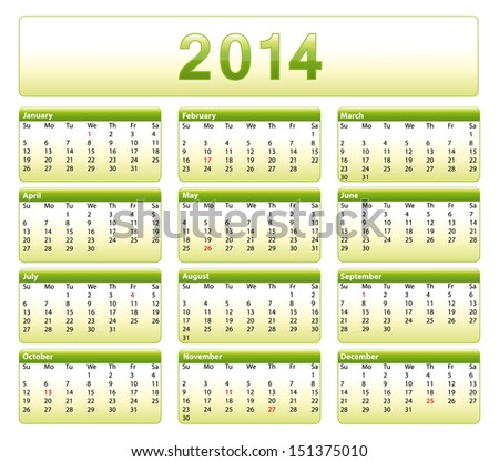 Green 2014 calendar. American version with public holidays.