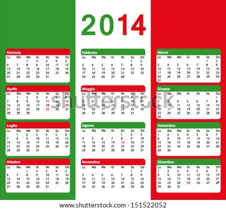 2014 Italian Calendar With Flag Colors. Public Holidays. Vector