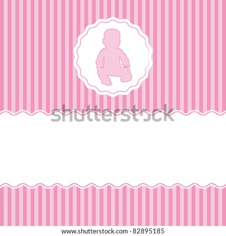 Birth announcements striped card. Girl version illustration.