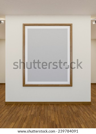 Big wooden frame with blank picture in a simple art gallery interior
