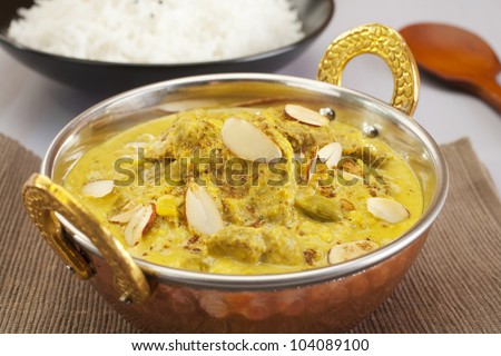 Lamb Pasanda, a rich Indian curry with thinly sliced lamb, spices, cream and almonds.