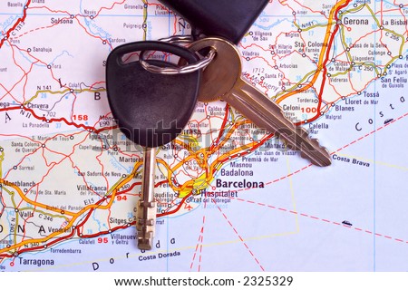 Map or Barcelona with set of well travelled car keys