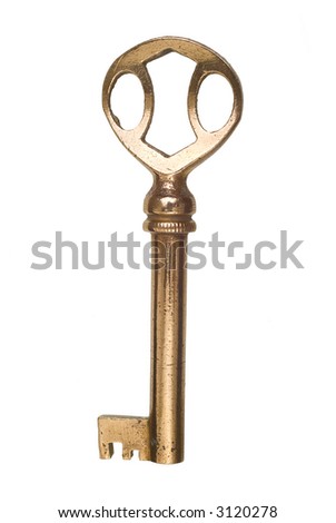 Ancient key isolated on white. This is a genuinely old key and has some bumps around the edges and pits and scratches in its surface.