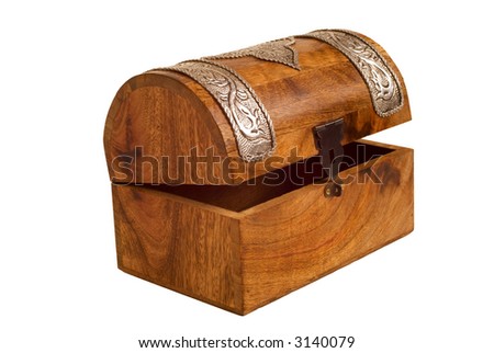 Empty wooden treasure chest with lid slightly open isolated on white