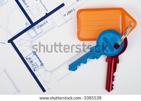 New home floor plan and colourful keys with space for writing. Plan is our own design, no copyright issues.