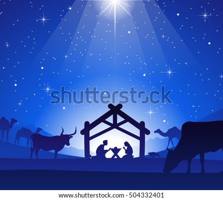 Nativity Scene with Jesus, Mary and Joseph in a Manger under Bright Start