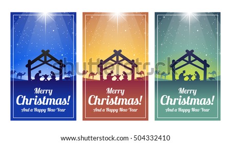 Nativity Scene Christmas Cards - Blue, Orange and Green - Jesus, Mary and Joseph in a Manger