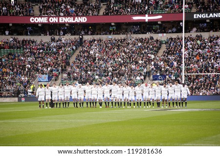 TWICKENHAM LONDON - NOVEMBER 10: English players line up to watch the Haka  at England vs Fiji, England playing in white Win 54-12, at QBE Rugby Match on November 10, 2012 in Twickenham, England.
