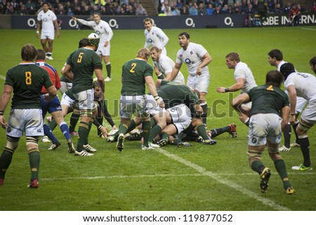 TWICKENHAM LONDON - NOVEMBER 23: Jean De Villiers, gathers the ball at England vs South Africa, England playing in white lose 16-15, at QBE Rugby Match on November 23, 2012 in Twickenham, England