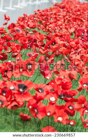 Handmade Poppies at the Imperial War museum, as a tribute to the dead in the great war.