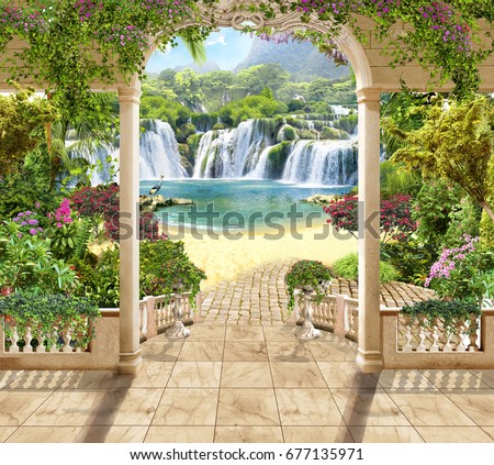 Digital mural. Lovely terrace with views of the waterfall and the sea. Flowers , arches.