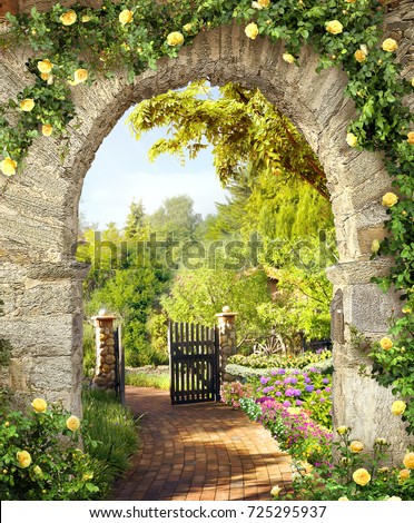 Stone arch with flowers . Modern mural . Terrace