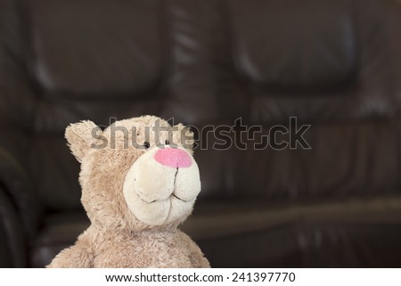 A plush bear is sitting in front of a dark brown leather sofa.