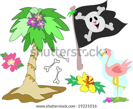 Tropical Theme Mix of palm tree with flowers, pirate flag, flamingo, bones, and hibiscus flowers.