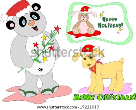 Christmas Mix of panda bear with Xmas branch, puppy saying Happy Holidays, and dog with scarf with a Merry Christmas greeting.