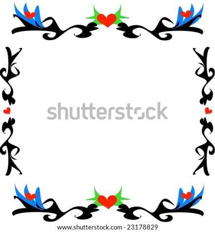 stock photo : Tattoo Borders with Hearts and Blue Flowers Jpg