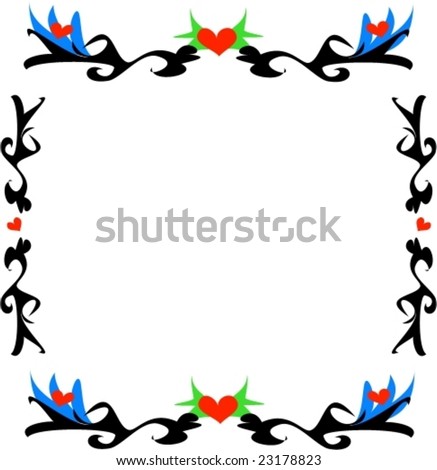 stock vector : Tattoo Borders with Hearts and Blue Flowers Vector