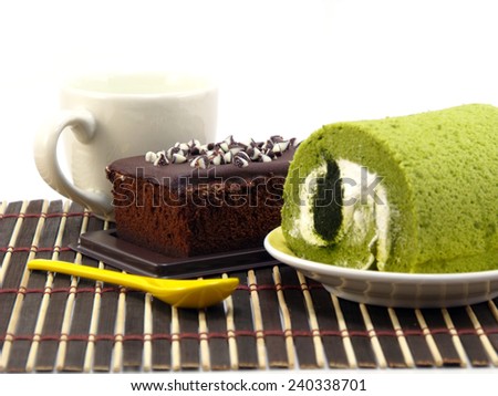 green tea cake rolls and sweet brownies chocolate cakes