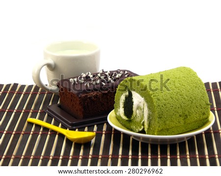 green tea cake rolls and sweet brownies chocolate cakes
