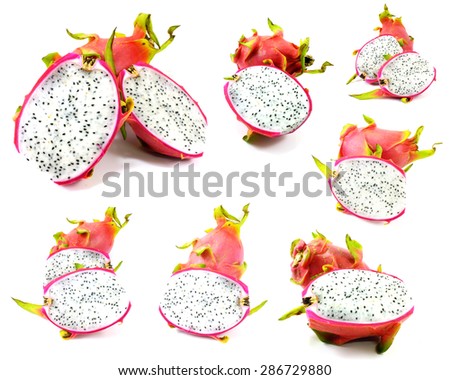 dragon fruit cut in half on white background