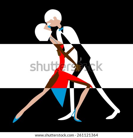 Man and woman dancing. Dancing couple. Caricature. Flat. Sports dance. Dark-skinned people.