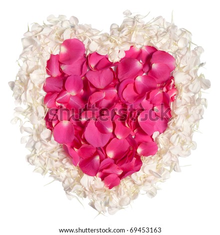 Pink rose petals heart inside cream on white with clipping path