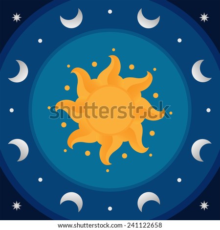 Blue round day and night ornament in sphere with celestial bodies: sun, moon and stars