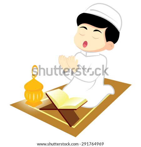 Happy Ramadan. Little Boy Muslim praying on carpet. Reading Namaj, Islamic Prayer from the lighting of the a lamp. Vector illustration.