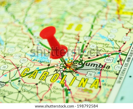 Columbia, Carolina marked with red pin on United States map