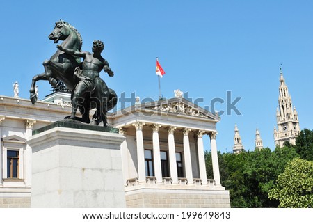 Classical architecture of the Austrian Parliament (Asterreichisches Parlament) in Vienna