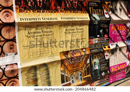 VENICE, ITALY - MAY 6, 2012: Cultural events advertised in the historical centre of Venice