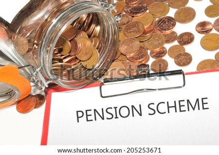 Pension scheme concept with jar of money and clipboard