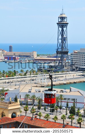 BARCELONA, SPAIN - JULY 08, 2012: Tourists sightseeing the harbour of Barcelona from cable car