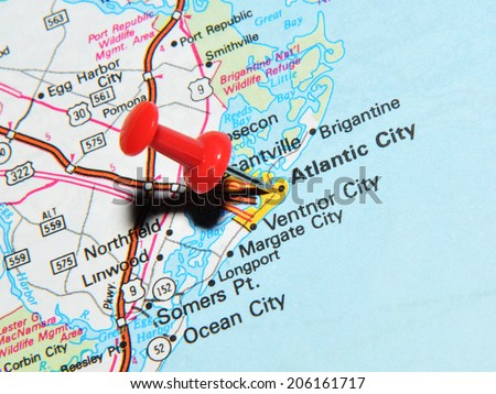 LONDON, UK - JUNE 13, 2012: Atlantic City, New Jersey, US marked with red pushpin on map. Atlantic City is a major city in North America