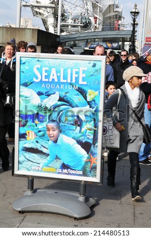 LONDON, UK - MARCH 5, 2011: Sea Life Aquarium sign located on the South Bank of the River Thames in central London