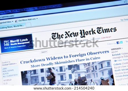 LONDON, UK - FEBRUARY 3, 2011: Close up of the electronic version of The New York Times on laptop screen (illustrative editorial)