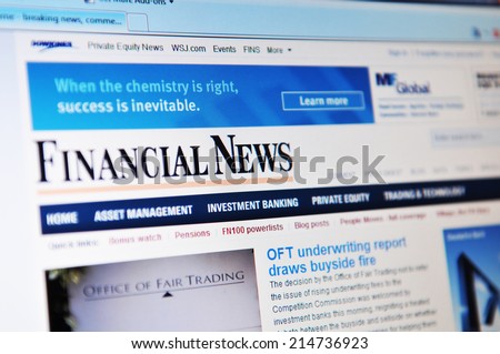 LONDON, UK - MARCH 8, 2011: Close up of financial news website with financial and business news on laptop screen